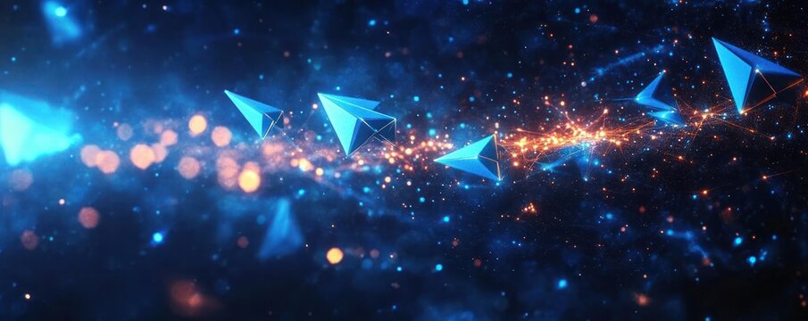 Futuristic digital scene with floating blue geometric pyramids connected by glowing orange particle streams on dark cosmic background