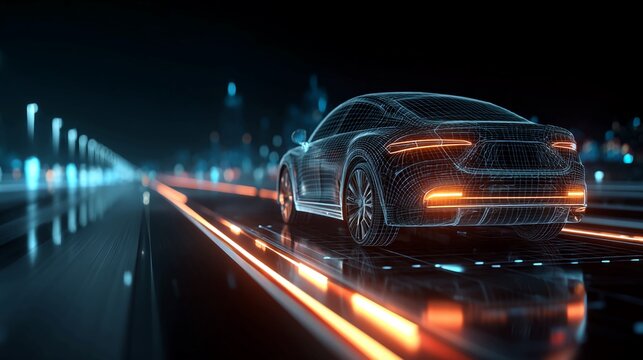 Futuristic wireframe sports car speeding on illuminated highway at night, showcasing cutting edge automotive technology and dynamic motion with vibrant neon lights