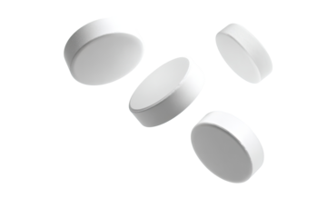 Four white, round pills in mid-air, light gray shading