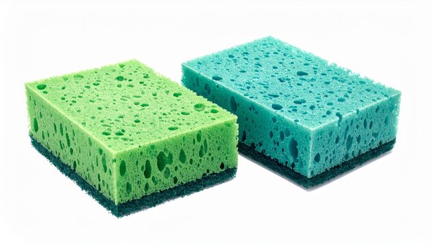 Render two rectangular cleaning sponges with yellow and green foam tops and dark blue scrubbing bottoms, placed on a clean surface to emphasize texture contrast, utility, and household simplicity.