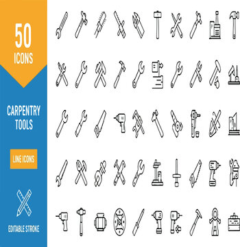 50 Carpentry Tools Line Icons Set &ndash; Editable Stroke Vector Illustration