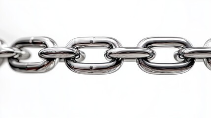 Obraz premium Close-up of a shiny, interconnected silver metal chain with a smooth reflective surface against a white background