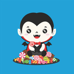Cute kawaii baby vampire cartoon character sitting with colorful candies and lollipops, Halloween chibi Dracula illustration in flat vector style, isolated on blue background, adorable spooky artwork