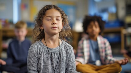 A young mixed-race girl with curly hair sits cross-legged, eyes closed, practicing mindfulness. Two boys, one blond and one with curly hair, are in the background.