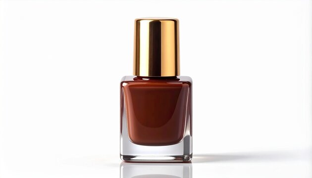 Render a clear glass bottle of brown nail polish with a metallic gold cap, isolated on a clean background to emphasize cosmetic elegance, product design, and modern beauty packaging.