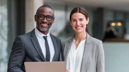 Smiling Business Team with Laptop Diverse Professionals, Modern Office, Collaboration, Success - Powered by Adobe