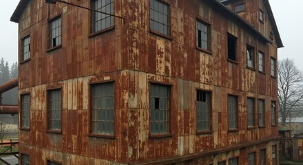 Fototapeta premium Abandoned Industrial Building with Rusted Corrugated Metal Siding and Gridded Windows