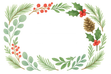 Watercolor christmas frame with pine branches, holly berries, eucalyptus, and pine cone on transparent background
