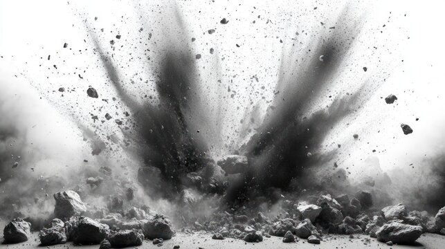 Black and white image of a powerful explosion with rocks and debris flying in all directions creating a dramatic and intense scene