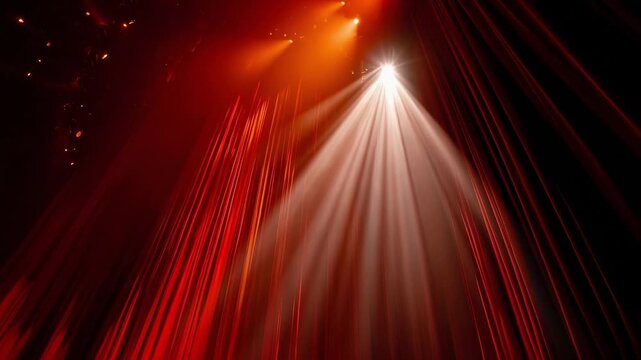 Theatrical stage with red velvet curtains and a bright white spotlight piercing through the darkness.