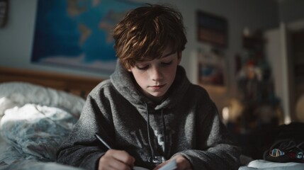 Obraz premium A young Caucasian boy with brown hair sits on a bed, writing in a notebook. The room is cozy with a world map on the wall and soft bedding.