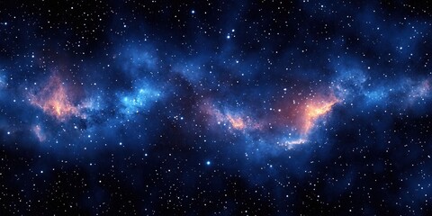 Vast cosmic view of a starry night sky with glowing blue and orange nebulous clouds stretching across the scene, evoking a sense of wonder and infinity