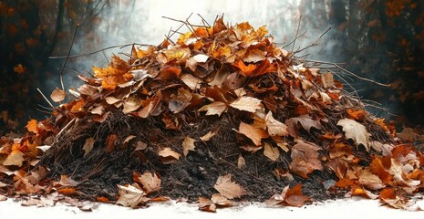 Pile of dry autumn leaves and twigs on dark soil with a blurred forest background creating a quiet and natural autumnal atmosphere
