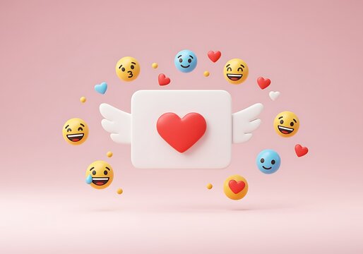 Cute Valentines Day 3D Illustration with Emoji and Love Icons on Pink Background for Social Media Engagement