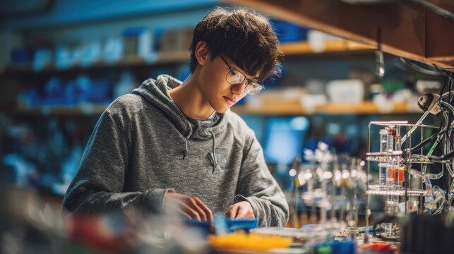 Young Asian male student working in a laboratory. He has short black hair and wears glasses. Various scientific equipment is visible in the background.