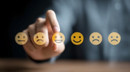 Hand selects a happy face emoji from a satisfaction scale, representing excellent customer feedback and positive service experiences in a business context