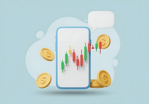 Digital Finance and Stock Market Trading with Mobile App and Candlestick Charts Surrounded by Gold Coins A Modern Investment Strategy