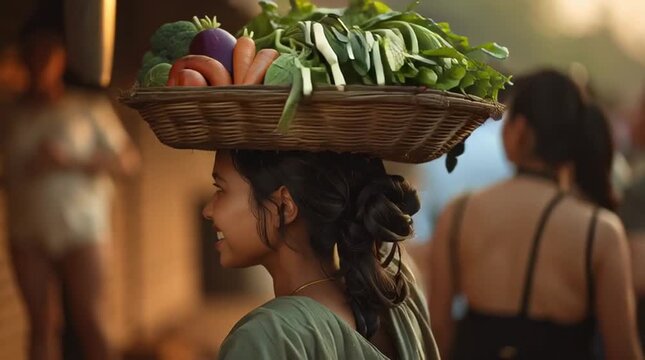 a girl selling the vegitables alone walking in the street to fulfil her financial growth 