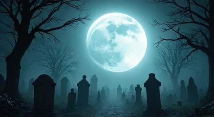 Eerie Graveyard Under Full Moonlight with Ghostly Atmosphere