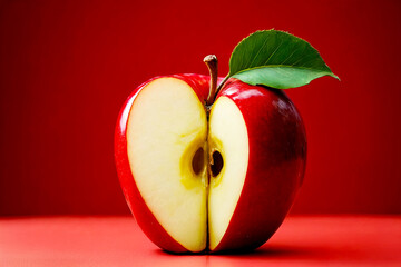 Fresh Red Apple Cut in Half on Vibrant Red Background