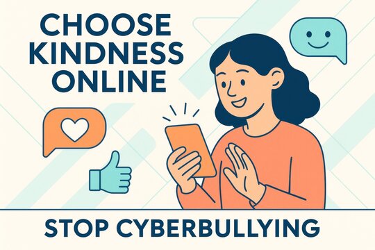 Illustration of girl using smartphone with positive emojis and anti-cyberbullying message on light abstract background promoting online kindness. Ai generative - Powered by Adobe