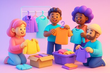 Diverse group of cheerful people organizing clothes for donation together on a light gradient background, symbolizing a social help concept. Ai generative