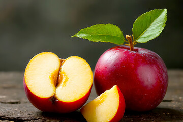 Fresh Red Apple and Sliced Fruit on Wooden Table with Green Leaf