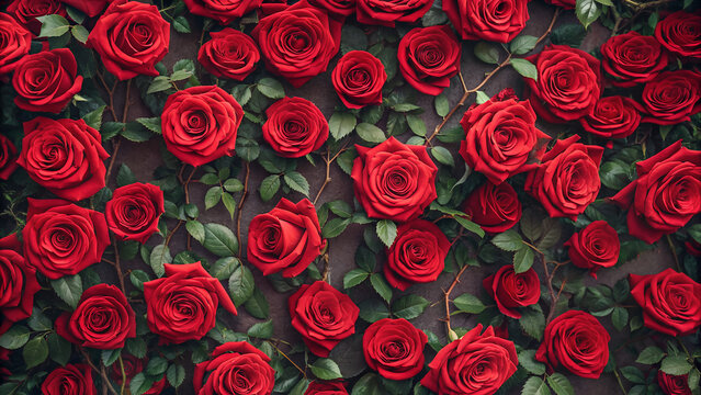 Natural fresh red roses flowers pattern wallpaper. top view, Red rose flower wall background.
