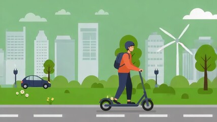 A person rides an electric scooter in a vibrant, green urban area with clean energy tech