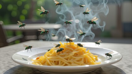 Flies Around Hot Plate of Spaghetti with Steam Rising in Background