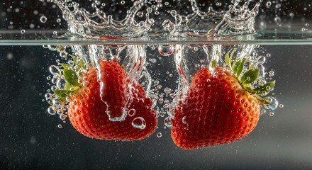 Strawberries Splashing into Water  
