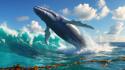 Fototapeta premium Majestic Humpback Whale Breach: Ocean Power and Grace