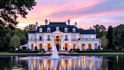 Elegant mansion at sunset with reflecting pond and fountain view