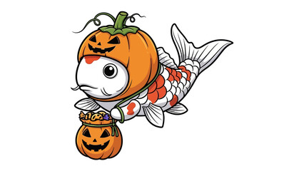 Festive Koi Fish: A whimsically illustrated koi fish, adorned with a jack-o'-lantern hat and carrying a pumpkin treat bag, perfectly captures the spirit of Halloween.