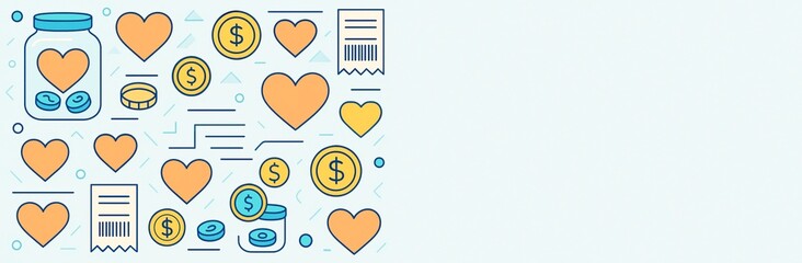Donation and charity themed background with coins, hearts, and receipts on left side and empty light space on right for creative design or mockup. Ai generative