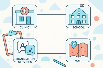 Medical clinic, school, translation services, and map icons around blank white square template on clean light background for info layout design concept. Ai generative