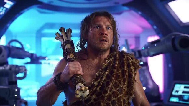 Time traveler caveman stranded in futuristic spaceship looking surprised and confused