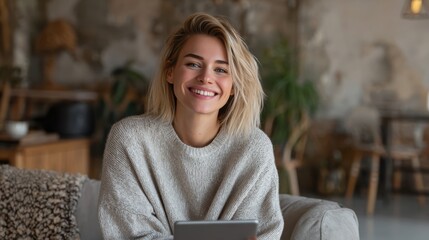 A cheerful young woman in a cozy sweater smiling while using a tablet in a stylish indoor setting.