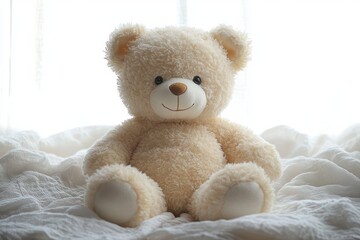 Obraz premium Soft beige teddy bear sitting on a white crumpled bedspread with a bright and cozy background, evoking warmth and comfort