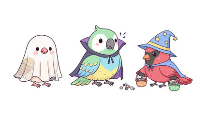 Halloween Avian Trio: A charming cartoon illustration of three birds dressed in whimsical Halloween costumes. A cute ghost bird, a vampire parrot, and a wizard cardinal are captured in a playful.
