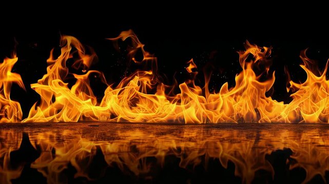 Flames crawl from the left over a glossy ground, mirrored tongues of fire forming a living border; versatile graphic element for lower thirds, title cards &mdash; cin