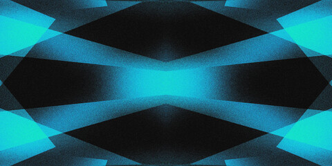 Symmetrical abstract blue geometric wave pattern with black contrast and grainy noise texture overlay in digital art design