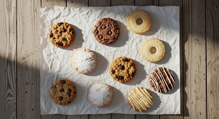 Assorted cookies arranged on parchment paper over rustic wooden table, top view of homemade baked treats