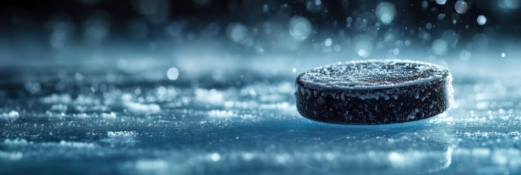 Close-up of a frozen hockey puck on an icy surface with frost and ice crystals, evoking cold and intense sports atmosphere