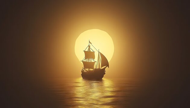 Golden ship at moonlit sea