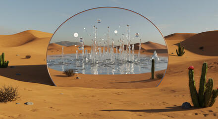 Modern Skyscrapers Reflected in Broken Desert Ground