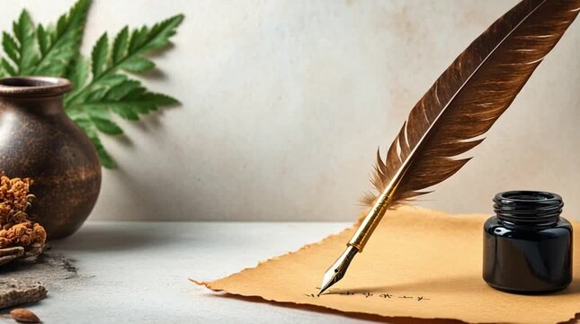 Feather quill writing on old parchment paper next to a glass inkwell, symbolizing history, literature, storytelling, and classical writing concepts.

