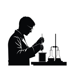 scientist in lab coat mixing chemicals in beaker
