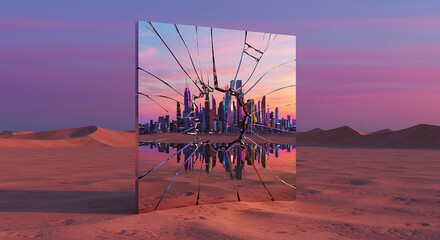 Dreamlike Sunset City Reflected in Cracked Earth