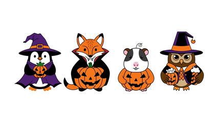 Festive Animals in Halloween Celebration: A captivating collection of cartoon animals, each embracing the spirit of Halloween.